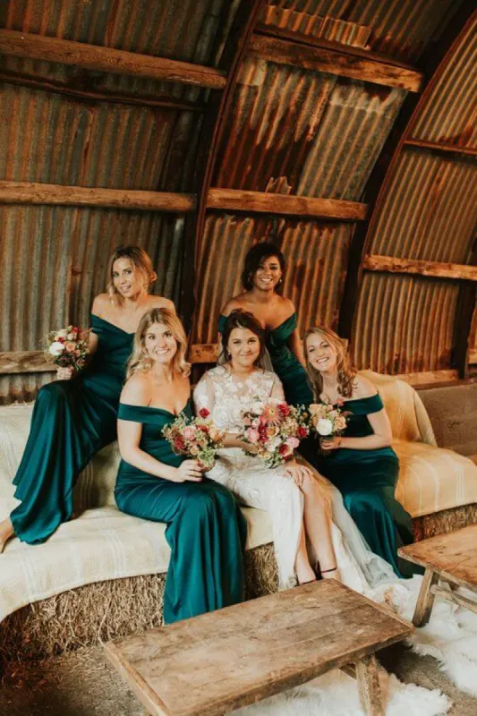 Hot Satin Off the Shoulder Emerald Green Bridesmaid Dresses Online sold by My Chic Dress