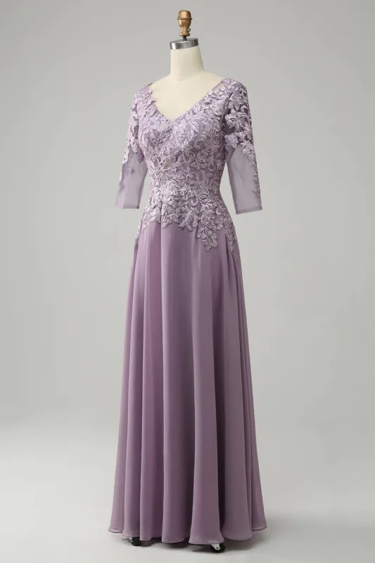 Chiffon Long Lavender Mother of the Bride Dress V Neck Appliques sold by My Chic Dress