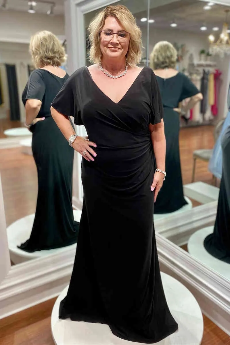 Elegant Long Chiffon V-Neck Black Mother of Bride Dress Short Sleeves sold by My Chic Dress