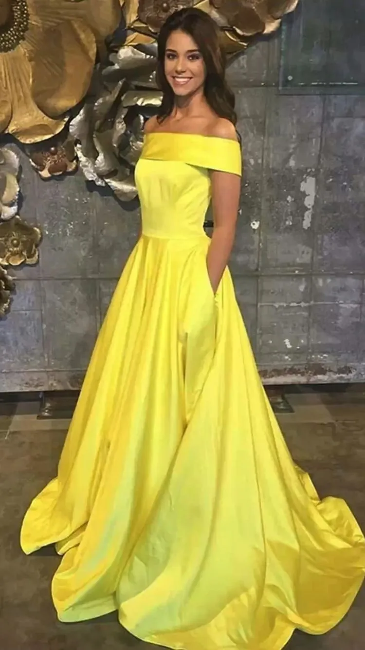 A-line Yellow Evening Dresses UK Simple Off-the-shoulder Long Prom Dresses sold by My Chic Dress product image thumbnail 2