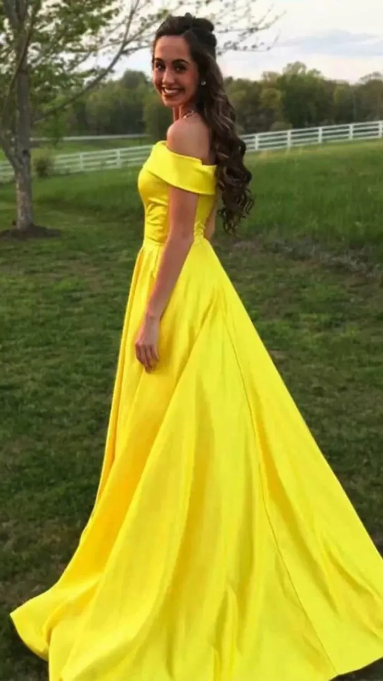 A-line Yellow Evening Dresses UK Simple Off-the-shoulder Long Prom Dresses sold by My Chic Dress product image thumbnail 3