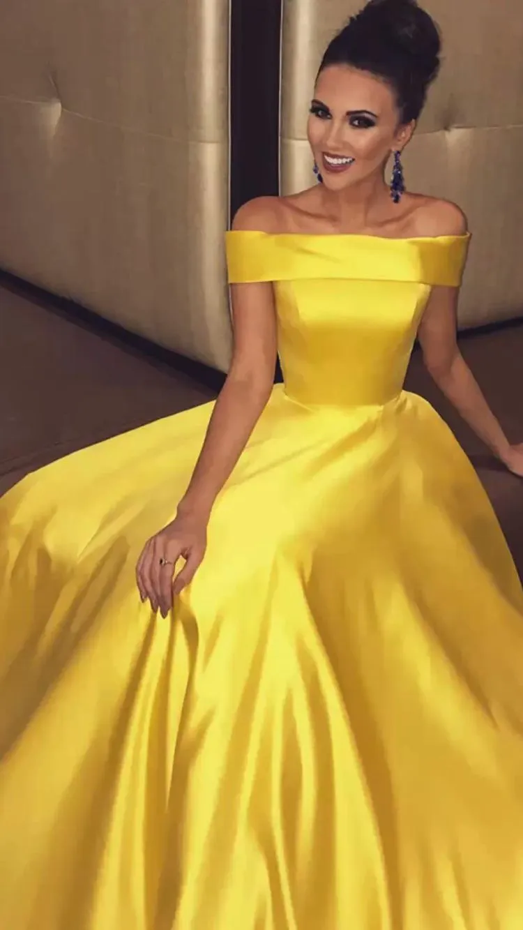A-line Yellow Evening Dresses UK Simple Off-the-shoulder Long Prom Dresses sold by My Chic Dress