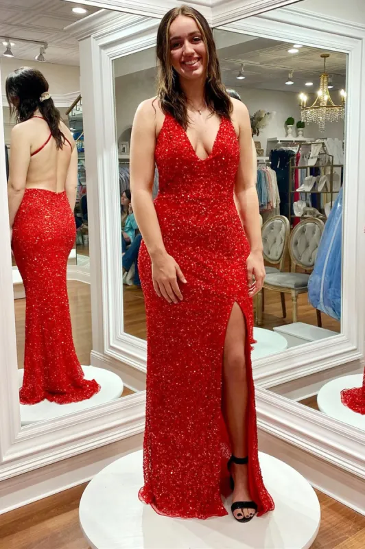 Red Sequins Evening Dress UK Criss Cross Back Long Formal Dress sold by My Chic Dress