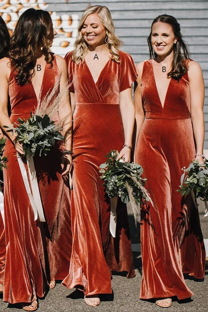Mismatched Copper Bridesmaid Dress Velvet V Neck Mermaid Wedding Guest Dress sold by My Chic Dress