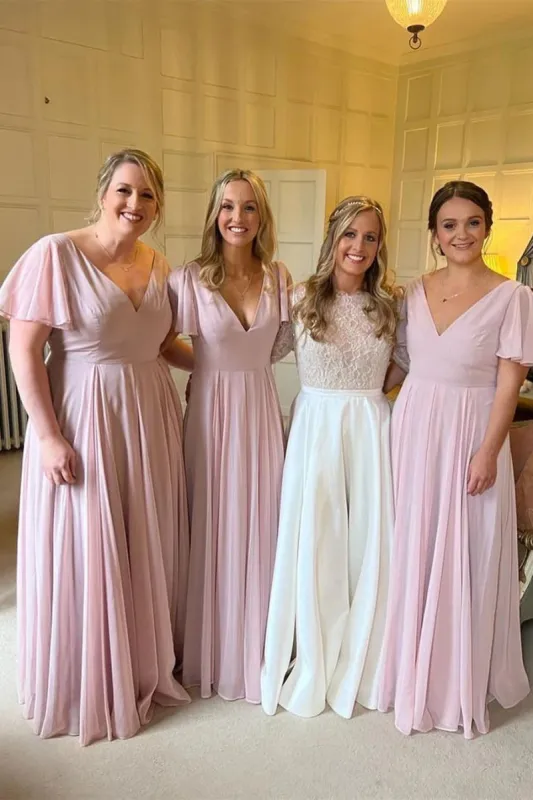 Chiffon Long Pink Bridesmaid Dress A-Line V-neck Wedding Party Dress sold by My Chic Dress