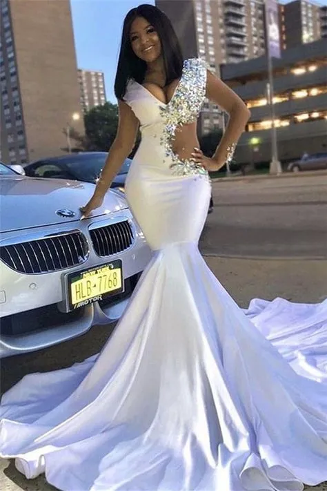 Hot Mermaid Rhinestones Satin Prom Dress V-neck Sweep Train sold by My Chic Dress product image thumbnail 2