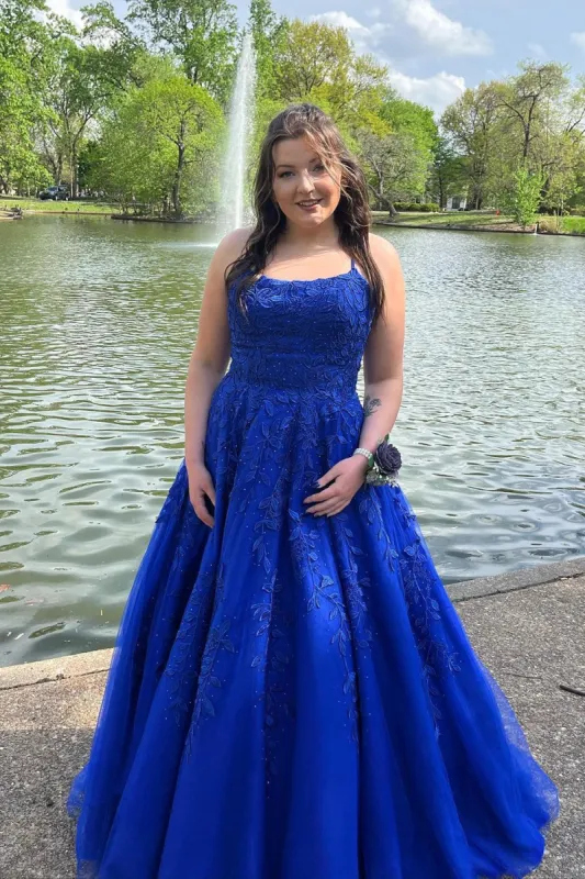 Hot 2025 Royal Blue Lace Applique Prom Dresses A Line Long UK Evening Gown sold by My Chic Dress