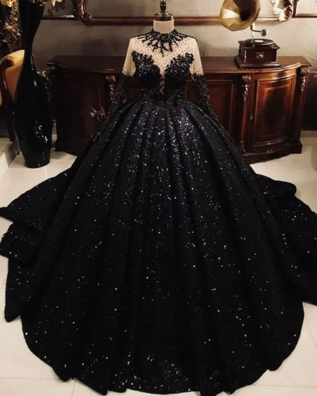 High Neck Ball Gown Black Sequin Wedding Dresses Long Sleeves Sweet 16 Dress sold by My Chic Dress
