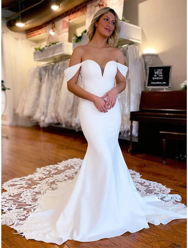 Mermaid Satin Lace Formal Wedding Dresses Off the Shoulder Sleeveless sold by My Chic Dress