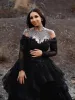 Long Sleeves Black Wedding Dress Gothic Off Shoulder V-neck Tiered Skirt sold by My Chic Dress