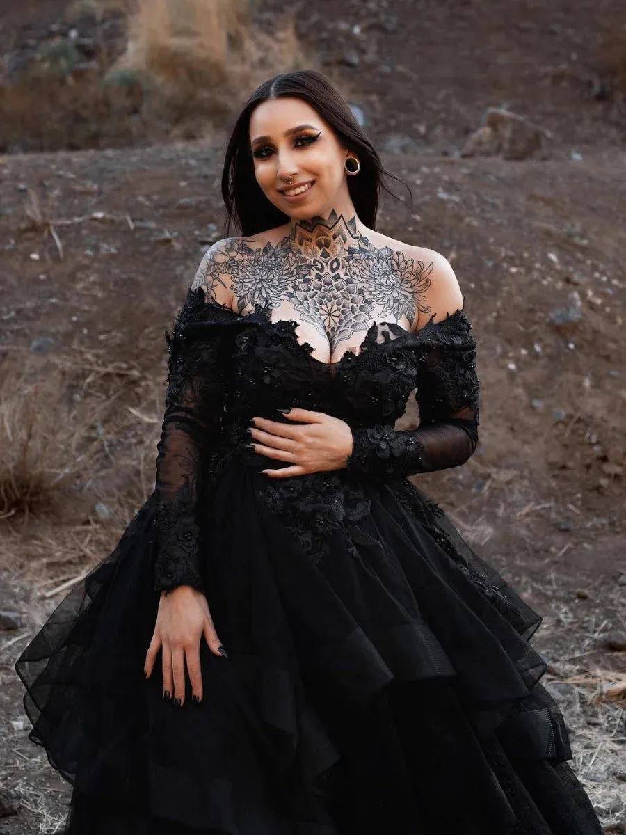 Long Sleeves Black Wedding Dress Gothic Off Shoulder V-neck Tiered Skirt sold by My Chic Dress product image thumbnail 4