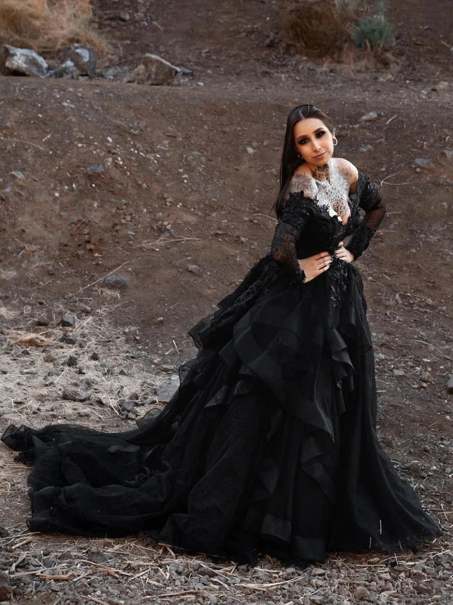 Long Sleeves Black Wedding Dress Gothic Off Shoulder V-neck Tiered Skirt sold by My Chic Dress product image thumbnail 3