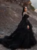 Long Sleeves Black Wedding Dress Gothic Off Shoulder V-neck Tiered Skirt sold by My Chic Dress