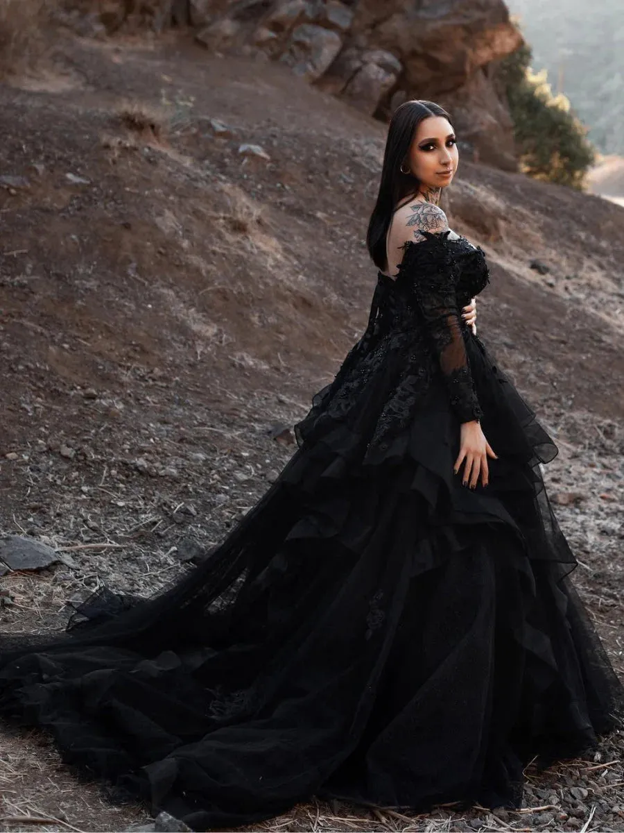 Long Sleeves Black Wedding Dress Gothic Off Shoulder V-neck Tiered Skirt sold by My Chic Dress product image thumbnail 2