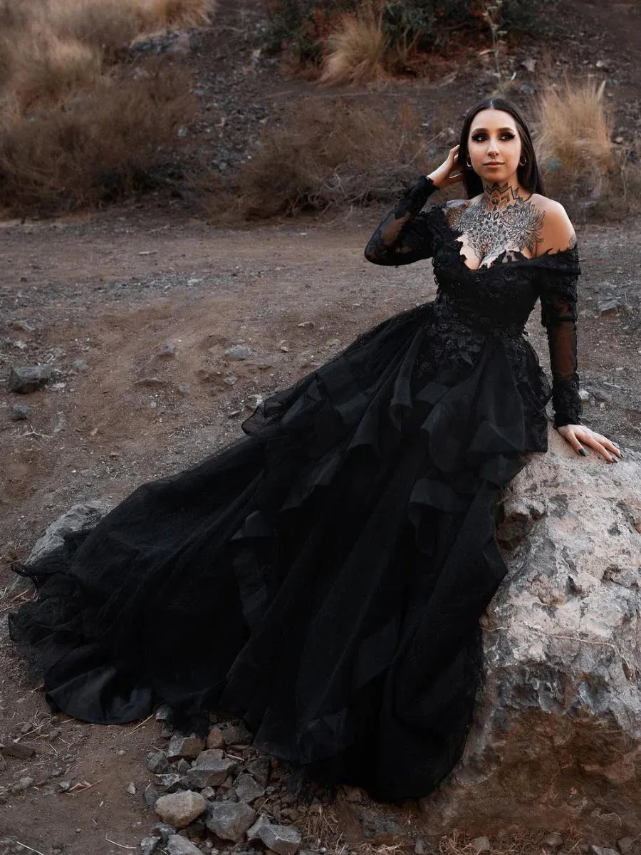 Long Sleeves Black Wedding Dress Gothic Off Shoulder V-neck Tiered Skirt sold by My Chic Dress