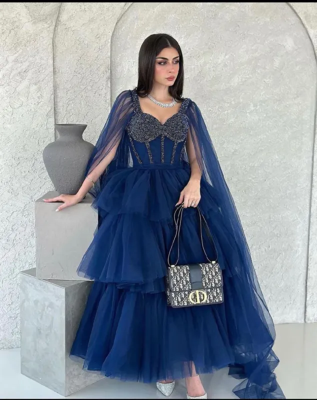 Gorgeous Tiered Ruffle Blue Prom Dresses Long Beaded Tulle Formal Wear sold by My Chic Dress