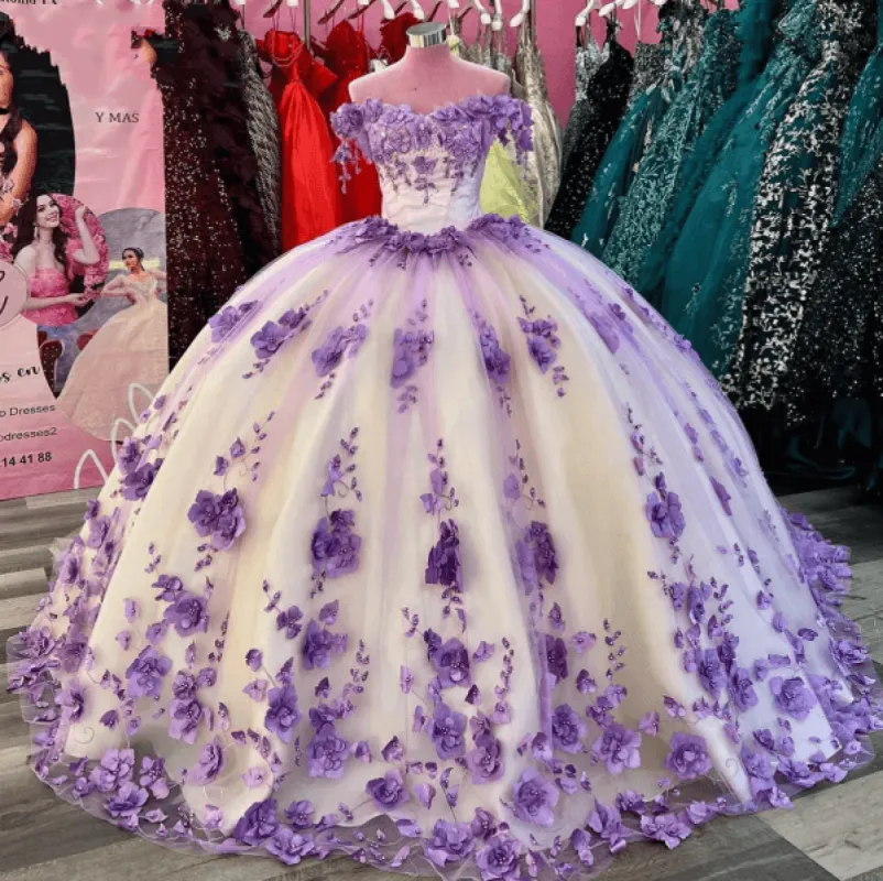 Off Shoulder 2025 Lilac Sweet 16 Dress 3D Flowers Corset Quinceanera Dresses sold by My Chic Dress