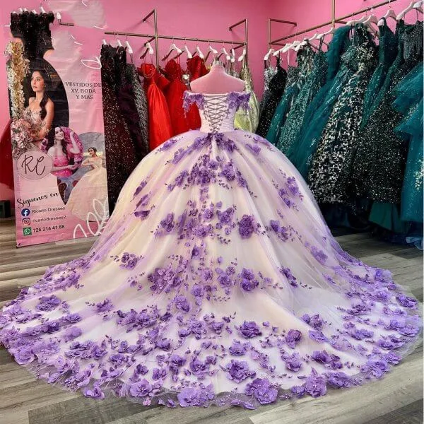 Off Shoulder 2025 Lilac Sweet 16 Dress 3D Flowers Corset Quinceanera Dresses sold by My Chic Dress product image thumbnail 3