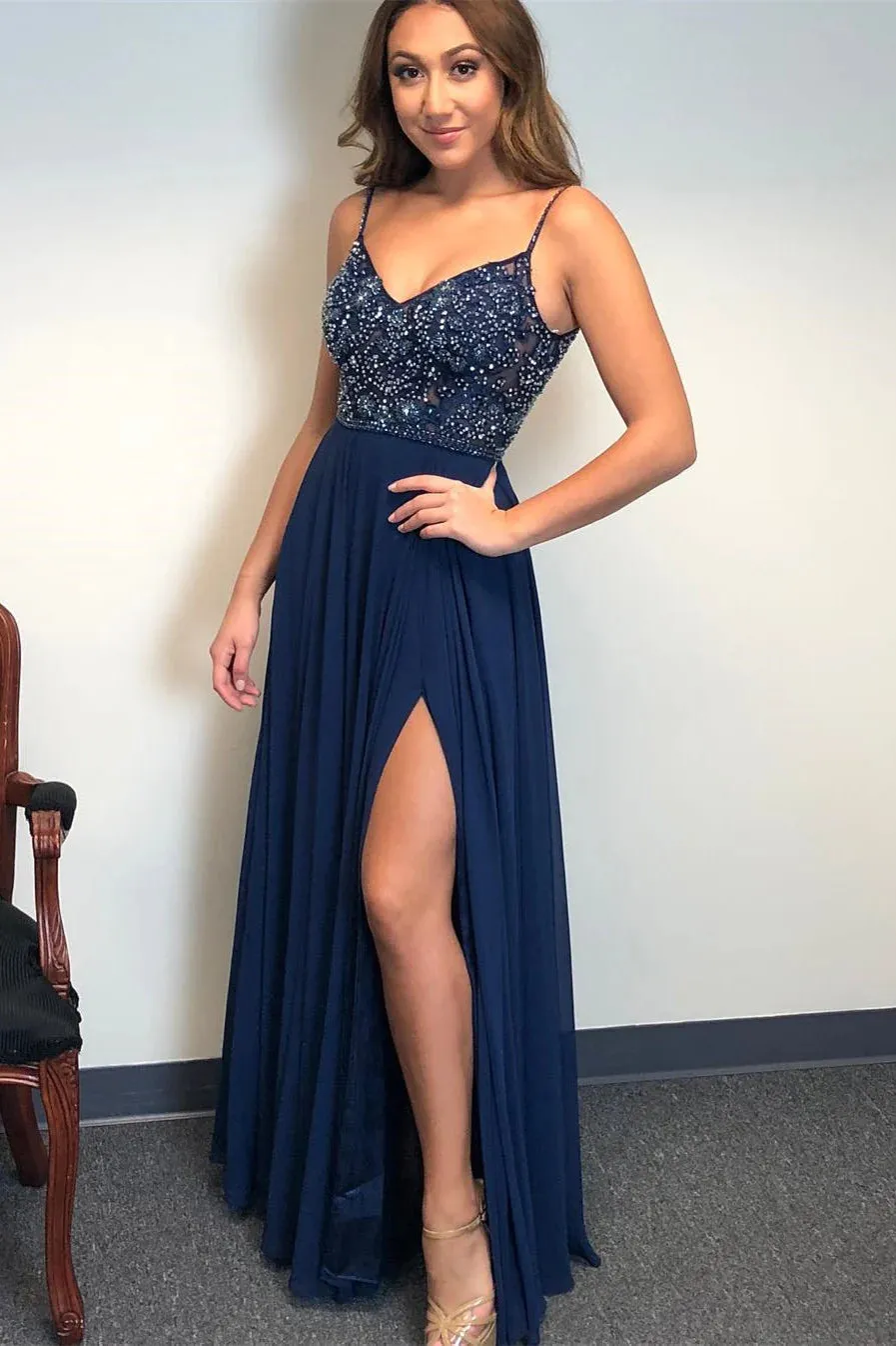 Long Beaded Navy Blue Prom Dress Sheath V Neck Chiffon Formal Dress sold by My Chic Dress