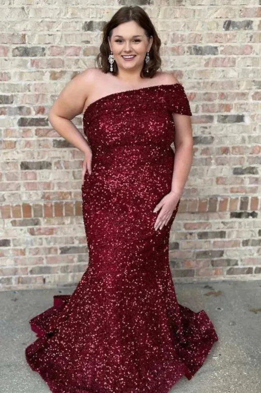 Plus Size Wine Red Sequin Prom Dresses Off Shoulder Long Evening Dress sold by My Chic Dress