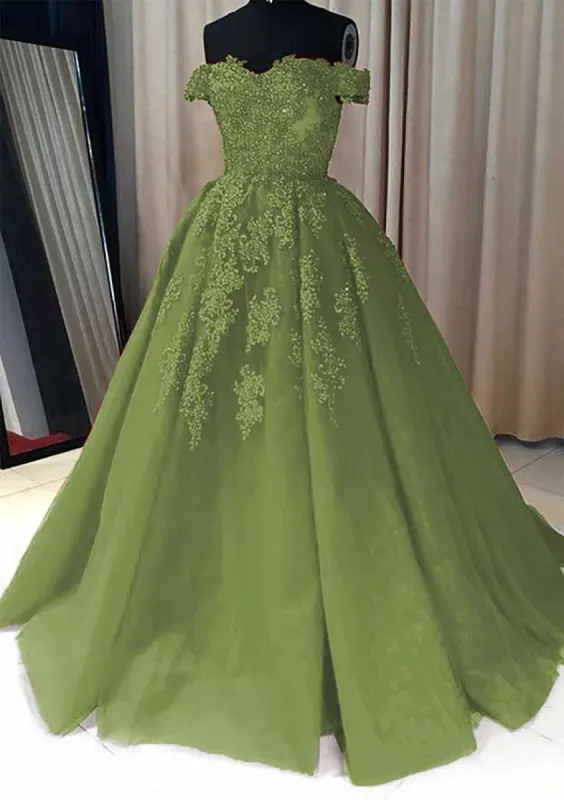 Sage Green Quinceanera Dresses Off The Shoulder Lace Beaded Evening Gowns sold by My Chic Dress