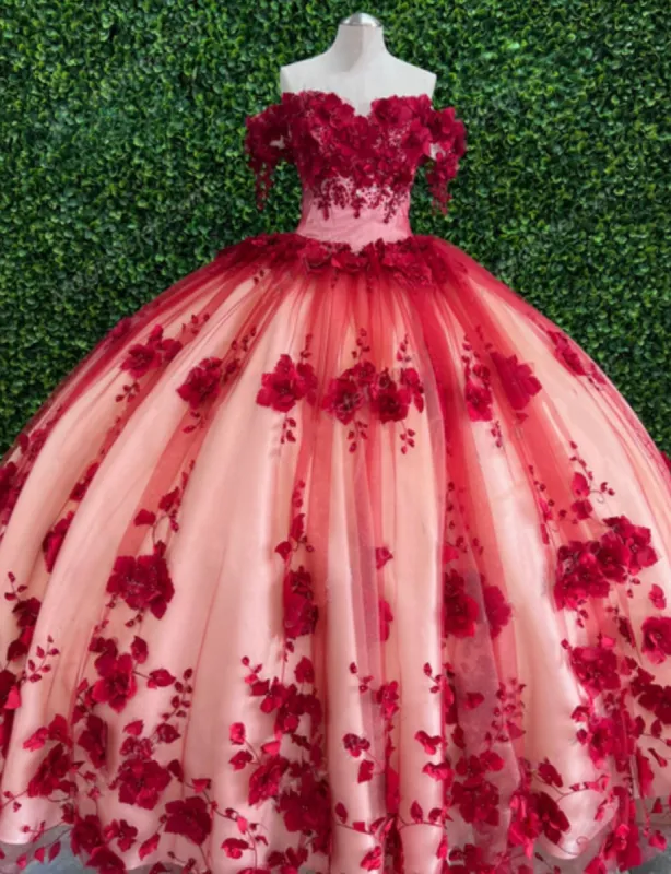 2025 Custom Made 3D Flower Dark Red Lace Quinceanera Dresses Off the Shoulder sold by My Chic Dress