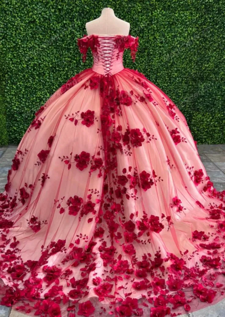 2026 Custom Made 3D Flower Dark Red Lace Quinceanera Dresses Off the Shoulder sold by My Chic Dress product image thumbnail 3
