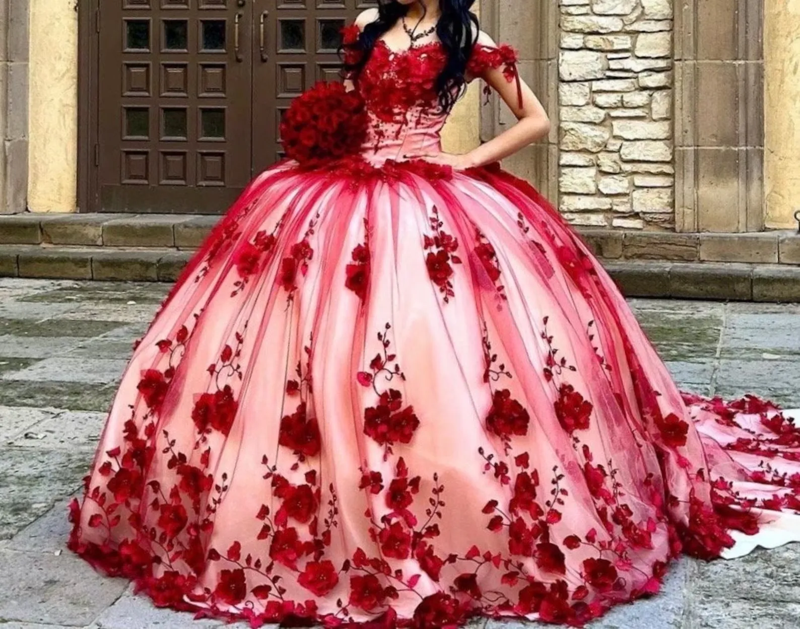 2026 Custom Made 3D Flower Dark Red Lace Quinceanera Dresses Off the Shoulder sold by My Chic Dress product image thumbnail 2