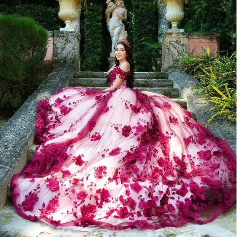 Red Lace Quinceanera Dress Off Shoulder Corset Vestidos De XV Años Pearls Flowers sold by My Chic Dress