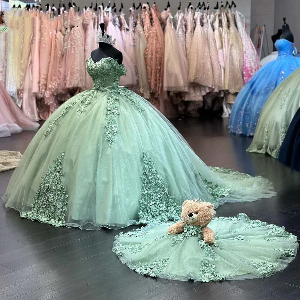 3D Flower Sage Green Quince Dresses Off Shoulder Sweet 15 Birthday Party sold by My Chic Dress product image thumbnail 2