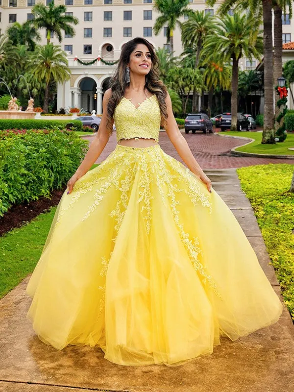 Floor-Length Two Piece Yellow Lace Prom Dresses A-Line Tulle V-neck Sleeveless sold by My Chic Dress