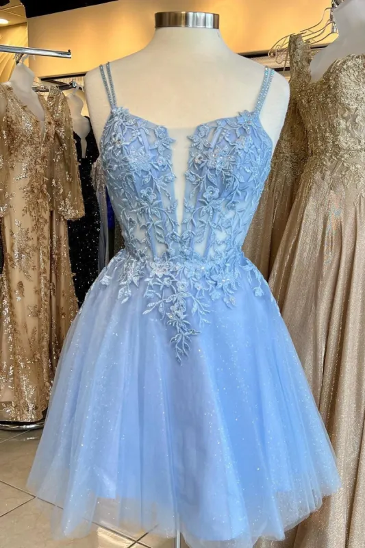 A-line Short Blue Homecoming Dresses Straps Lace Princess Graduation Dress sold by My Chic Dress
