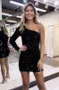 Black Sequin Homecoming Dress Short One Shoulder Mini Dress with Sleeves sold by My Chic Dress