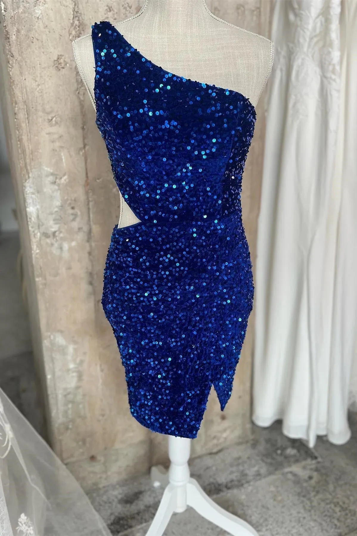 One Shoulder Sequin Homecoming Dress Royal Blue Side Cutout Tight Mini Dress sold by My Chic Dress product image thumbnail 3