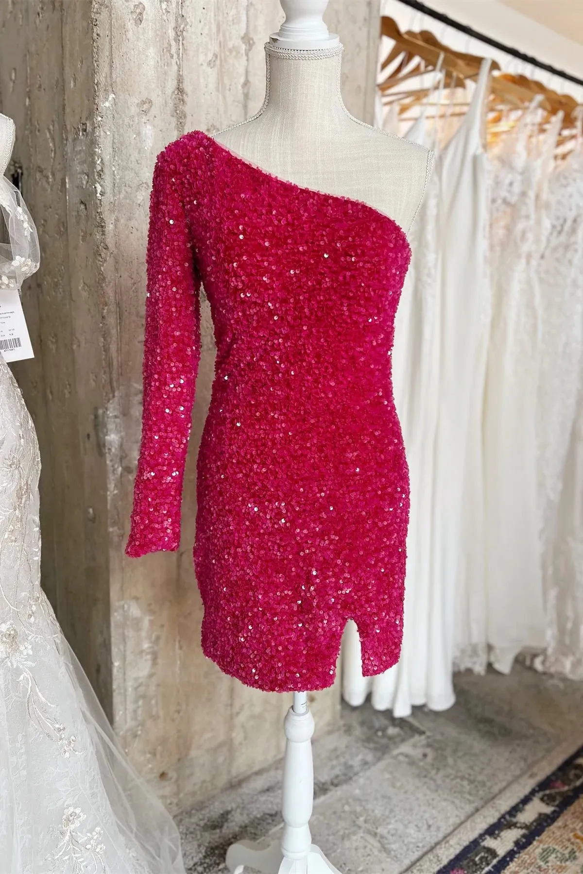 Red Homecoming Dress 2025 Sequin One Shoulder Hoco Dress with Sleeves sold by My Chic Dress product image thumbnail 4