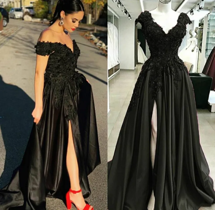 Black Lace 2025 Prom Dresses V Neck Satin Applique Formal Dress with Split sold by My Chic Dress