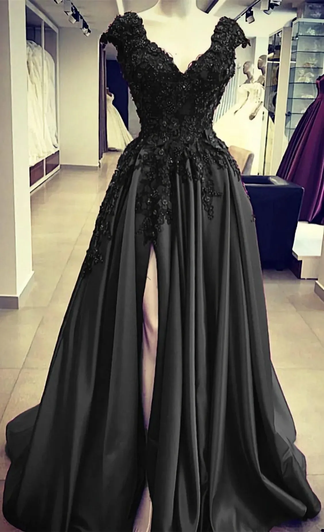 Black Lace 2025 Prom Dresses V Neck Satin Applique Formal Dress with Split sold by My Chic Dress product image thumbnail 2