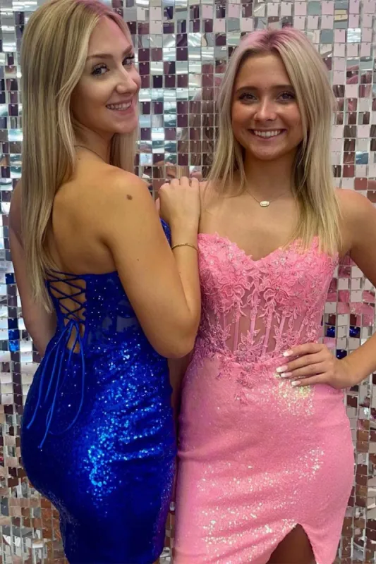 Bodycon Sequin Pink Homecoming Dress Sweetheart Corset with Slit sold by My Chic Dress
