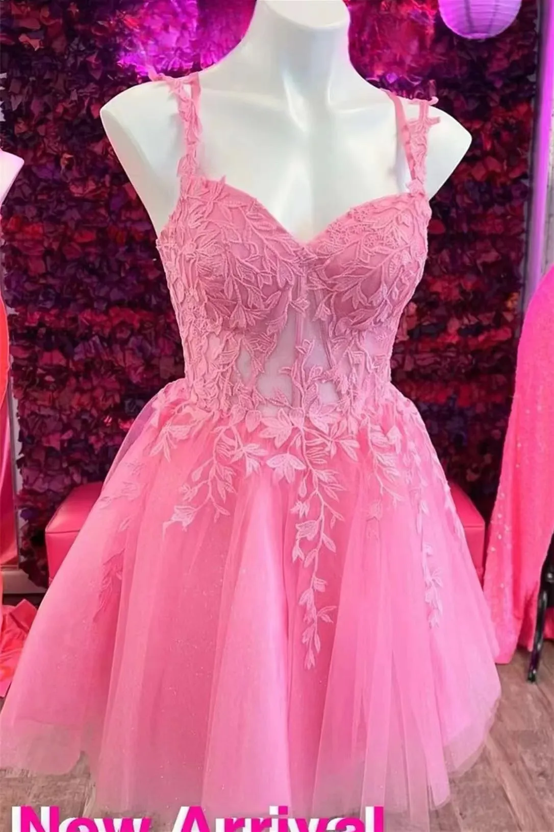2025 Pink Homecoming Dress Flower Straps A-line Appliques Tulle Hoco Dress sold by My Chic Dress product image thumbnail 2