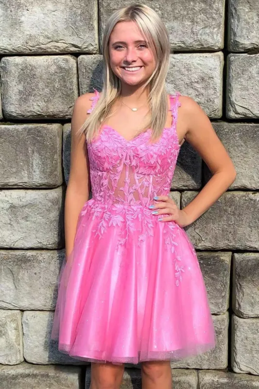 2025 Pink Homecoming Dress Flower Straps A-line Appliques Tulle Hoco Dress sold by My Chic Dress