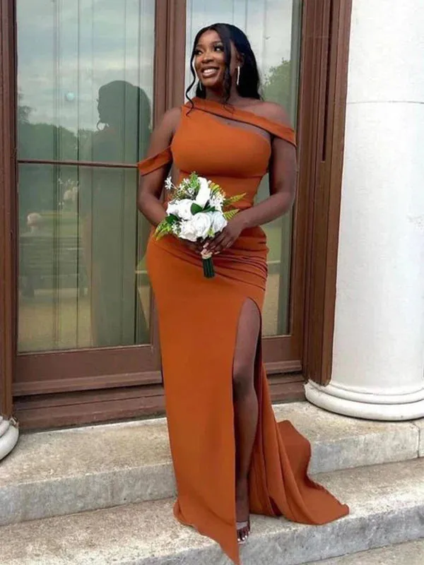 Unique Orange Mermaid Wedding Guest Dress Fall Long Beach Formal Bridesmaid Dresses sold by My Chic Dress