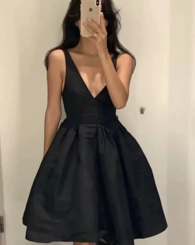 A Line 2025 Short Satin Little Black Homecoming Dress V Neck sold by My Chic Dress