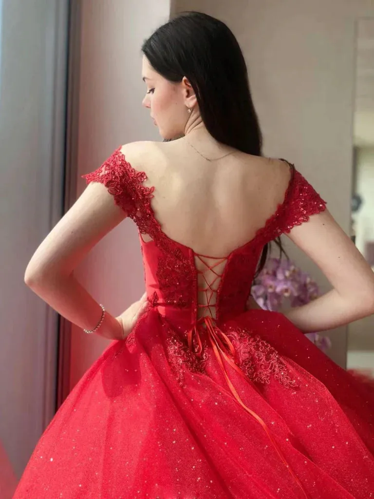 2025 Red Wedding Dresses Lace Off Shoulder Beaded Tulle Long Quince Dresses Sequin sold by My Chic Dress product image thumbnail 4