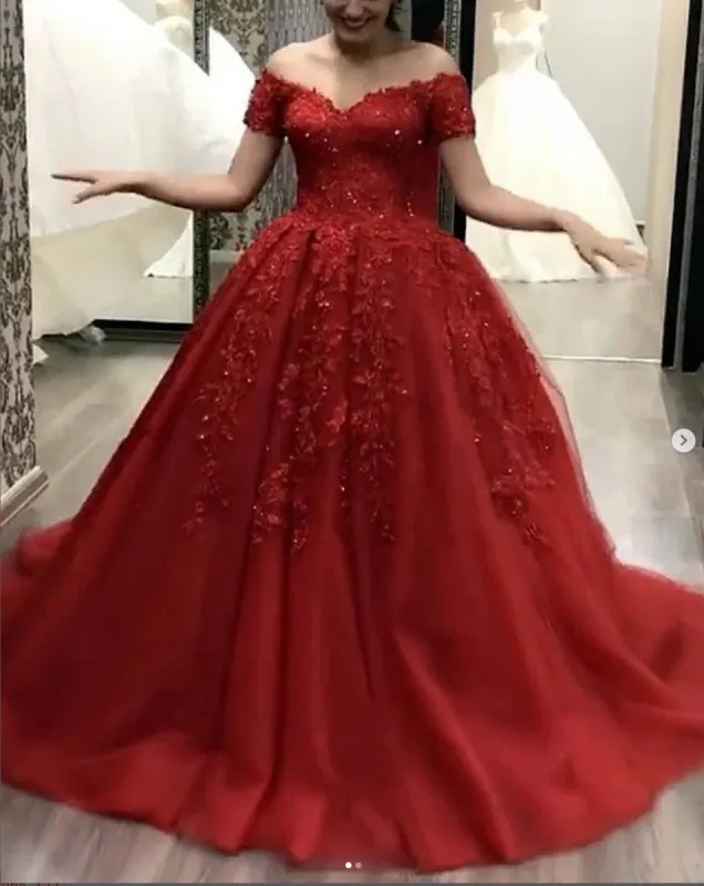 Off the Shoulder Red Wedding Dresses Ball Gown Lace Quinceanera Dresses sold by My Chic Dress