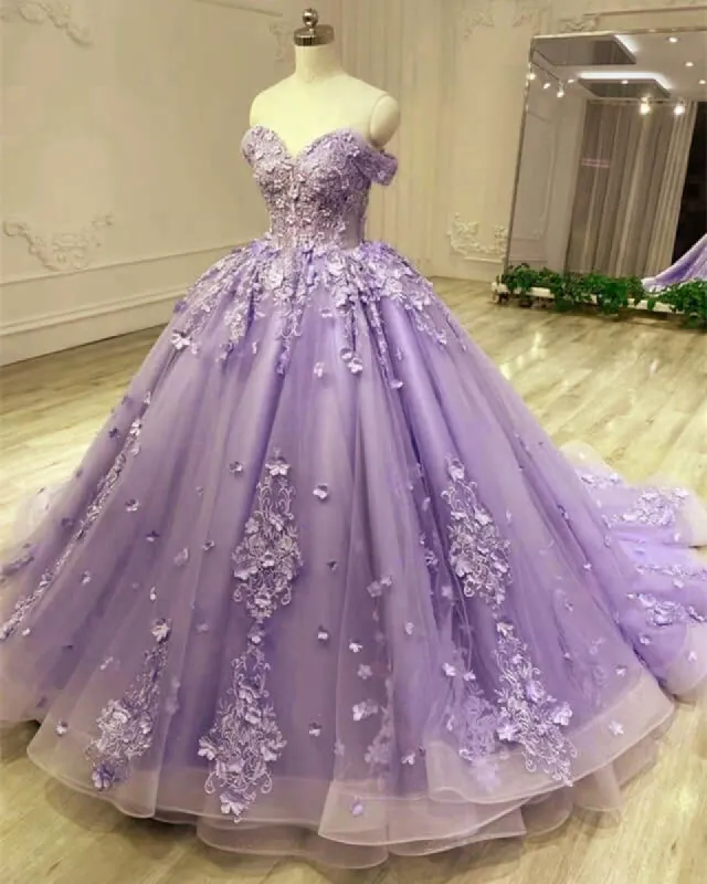 Gorgeous Tulle Purple Quinceanera Dress 3D Lace Appliques Ball Gown Dress sold by My Chic Dress