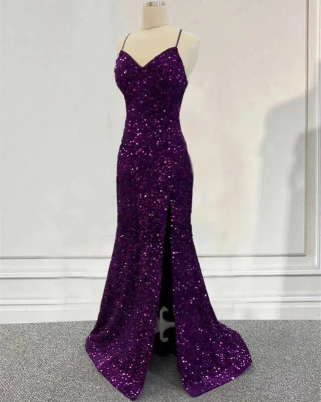 Cheap Dark Purple Prom Dress Sequin Mermaid Formal Evening Dress Split sold by My Chic Dress