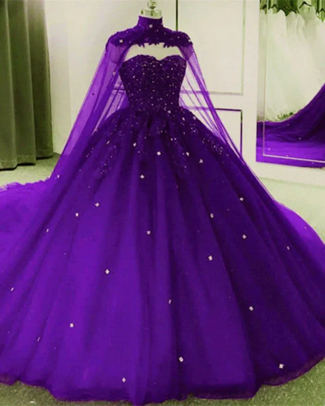 Tulle Dark Purple Quince Dress Ball Gown Wedding Dress With Cape sold by My Chic Dress