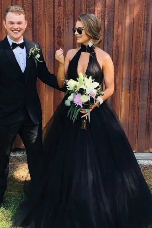 High Neck Gothic Wedding Dress Tulle Ball Gown Black Long Prom Dresses sold by My Chic Dress