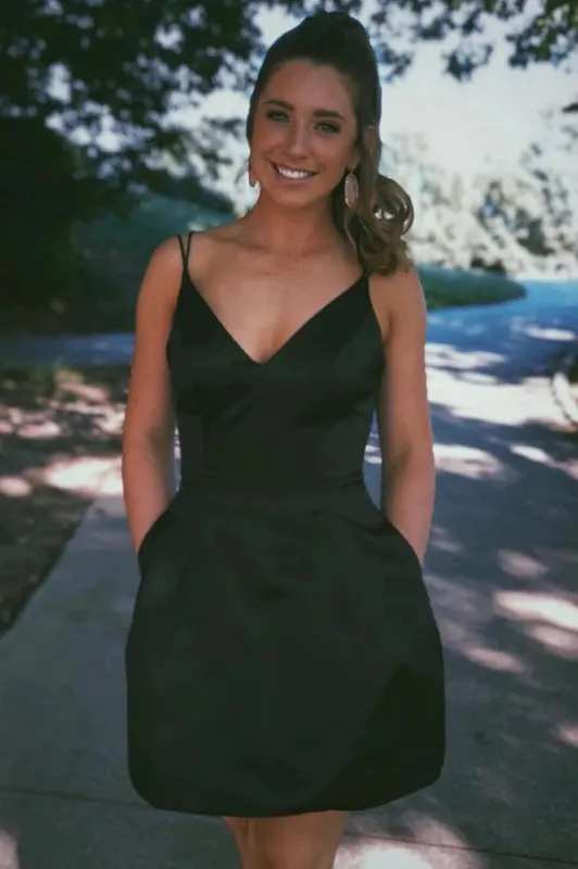 Simple Satin Black Short Homecoming Dress A Line Hoco Dress sold by My Chic Dress