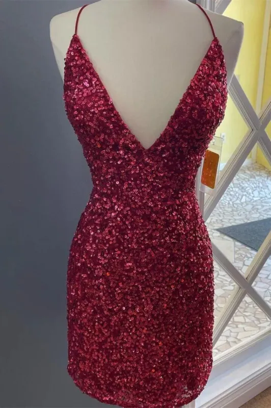 Burgundy Tight Homecoming Dress Short Sequined Hoco Dress sold by My Chic Dress